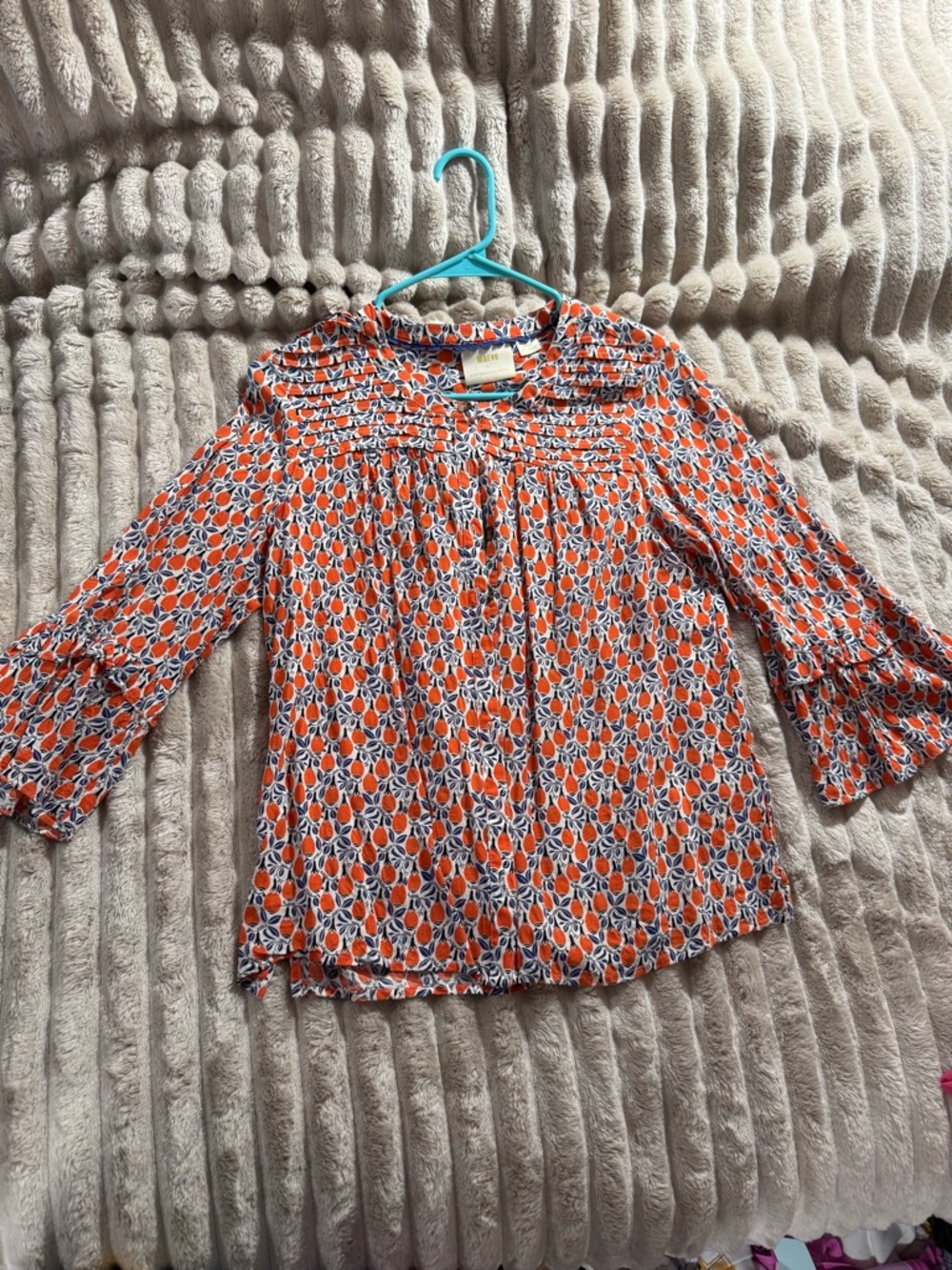Maeve Orange and Navy Floral-Print Button-Down Blouse